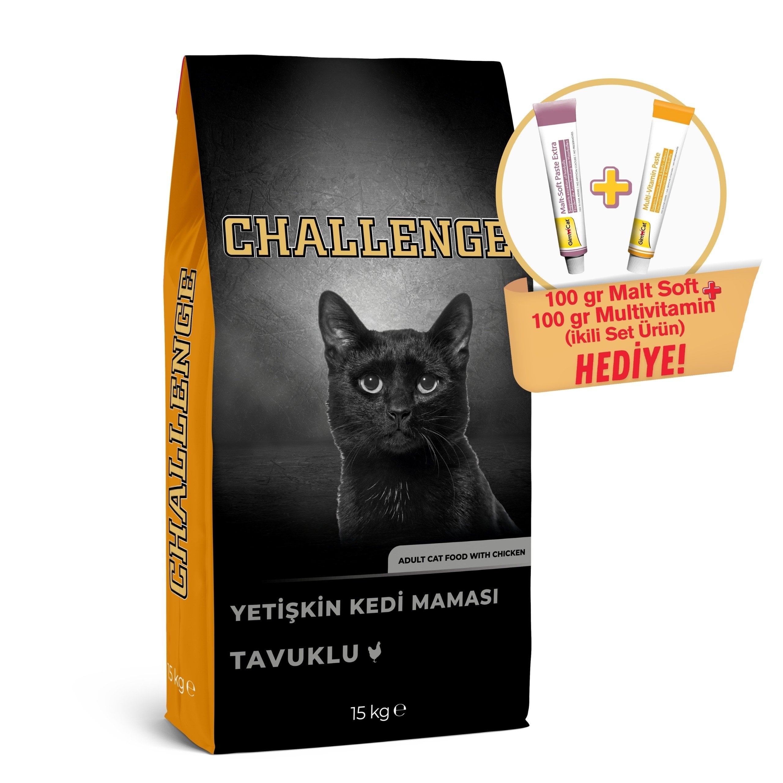 Challenge Tavuk Etli Yetişkin Kedi Maması 15 Kg + GimCat Malt Soft Extra 100 gr + GimCat Multivitamin 100 gr 2'li Set Ürün Hediye!