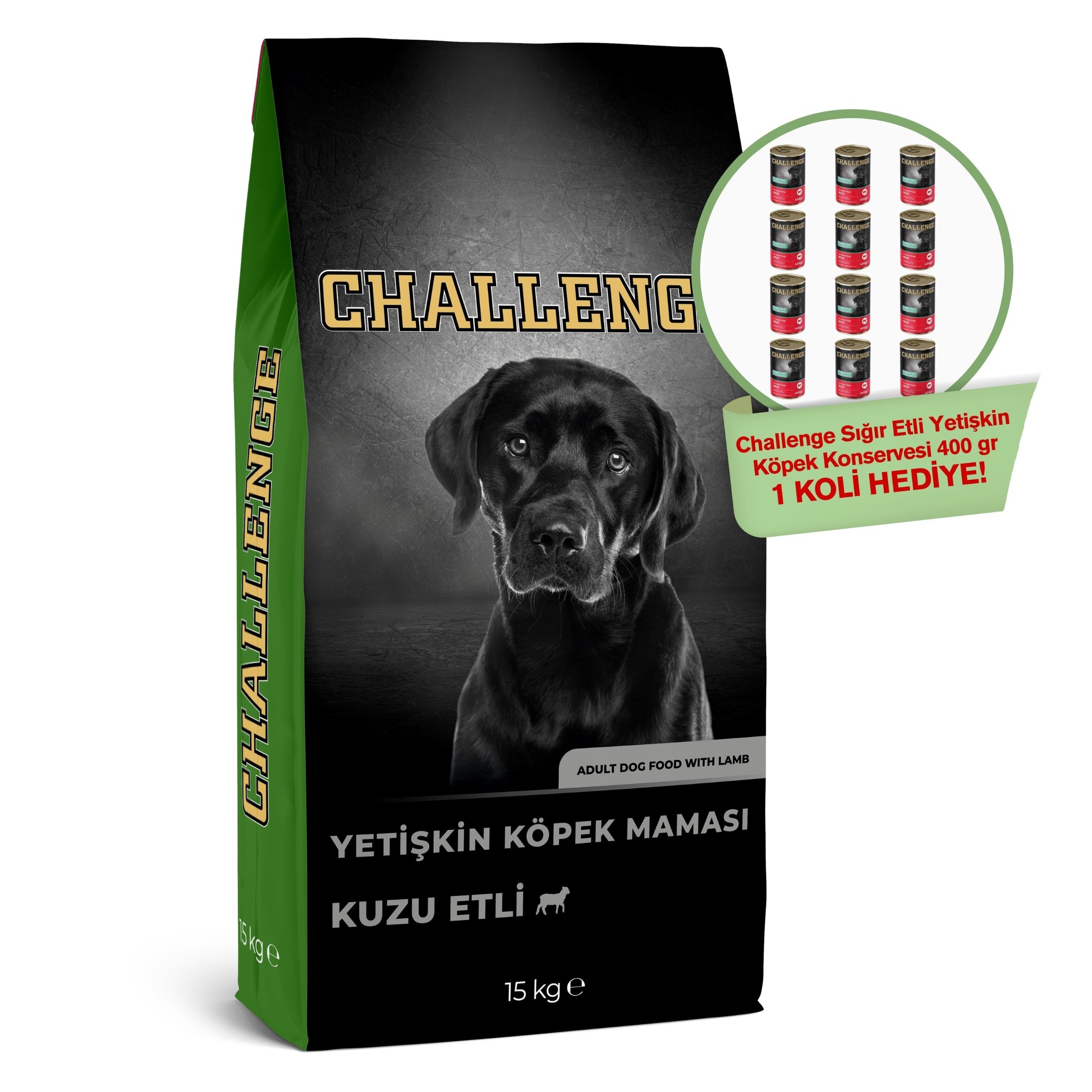 Challenge Kuzulu Yetişkin Köpek Maması 15 Kg + Challenge Sığır Etli Yetişkin Köpek Konservesi 400 gr 12li Hediye!