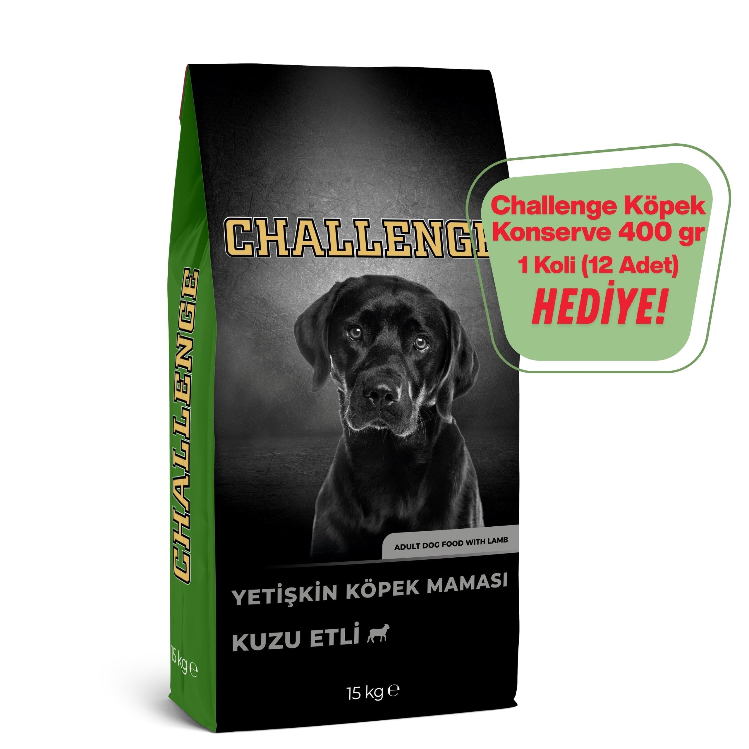 Challenge Kuzulu Yetişkin Köpek Maması 15 Kg  + Challenge Köpek Konserve 400gr 1 Koli (12 Adet) Hediye!
