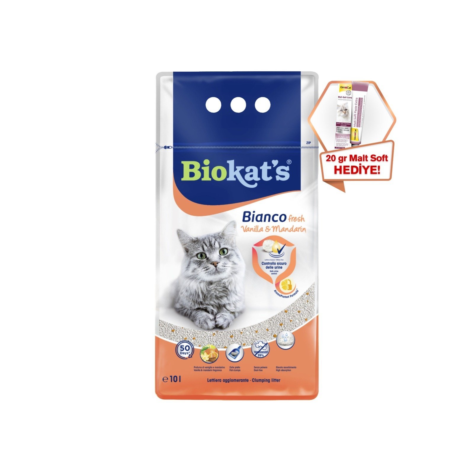 Biokat's Kedi Kumu Bianco Vanilya&Mandalina 10 Lt+ GimCat Malt Soft Extra 20 gr hediyeli!