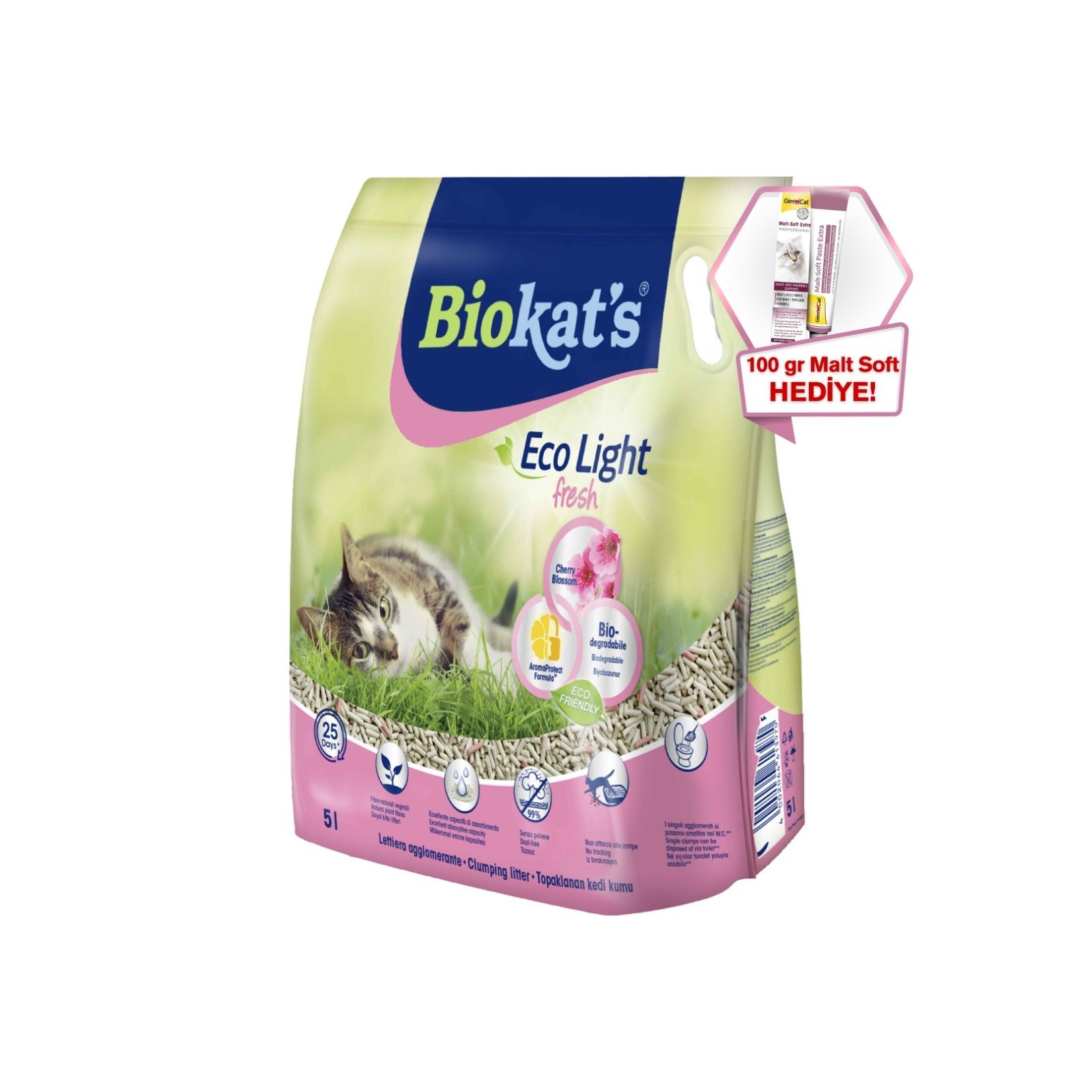 Biokat's Eco Light Fresh Cherry Blossom Pelet Kedi Kumu 5 lt (Ötv Dahil) + GimCat Malt Soft Extra 100 gr Hediye!