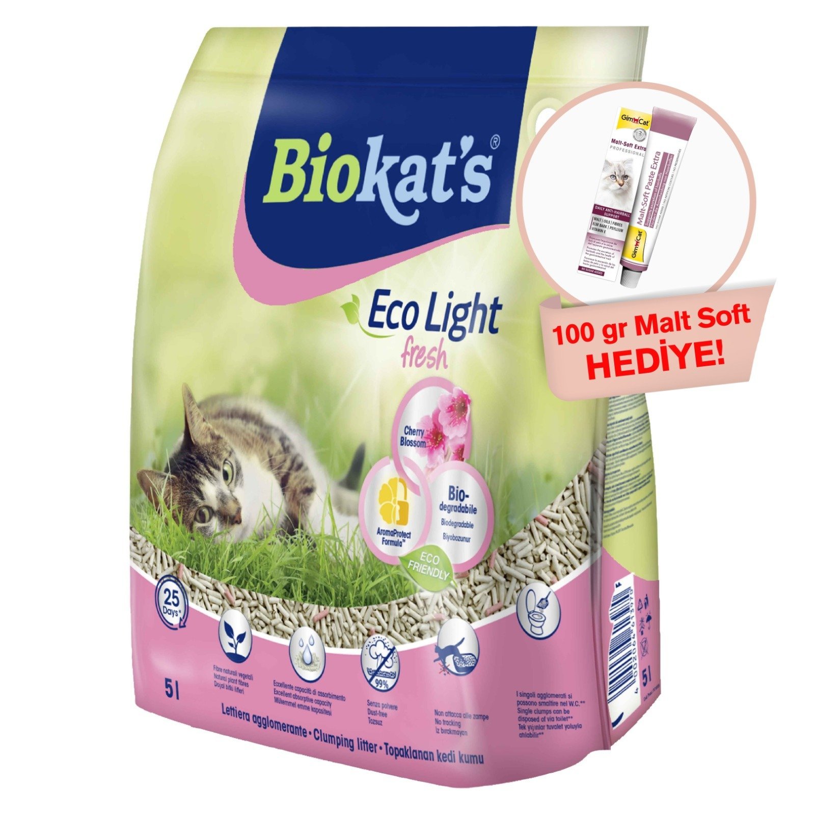 Biokat's Eco Light Fresh Cherry Blossom Pelet Kedi Kumu 5 lt (Ötv Dahil)+GimCat Malt Soft Extra 100 gr Hediye!