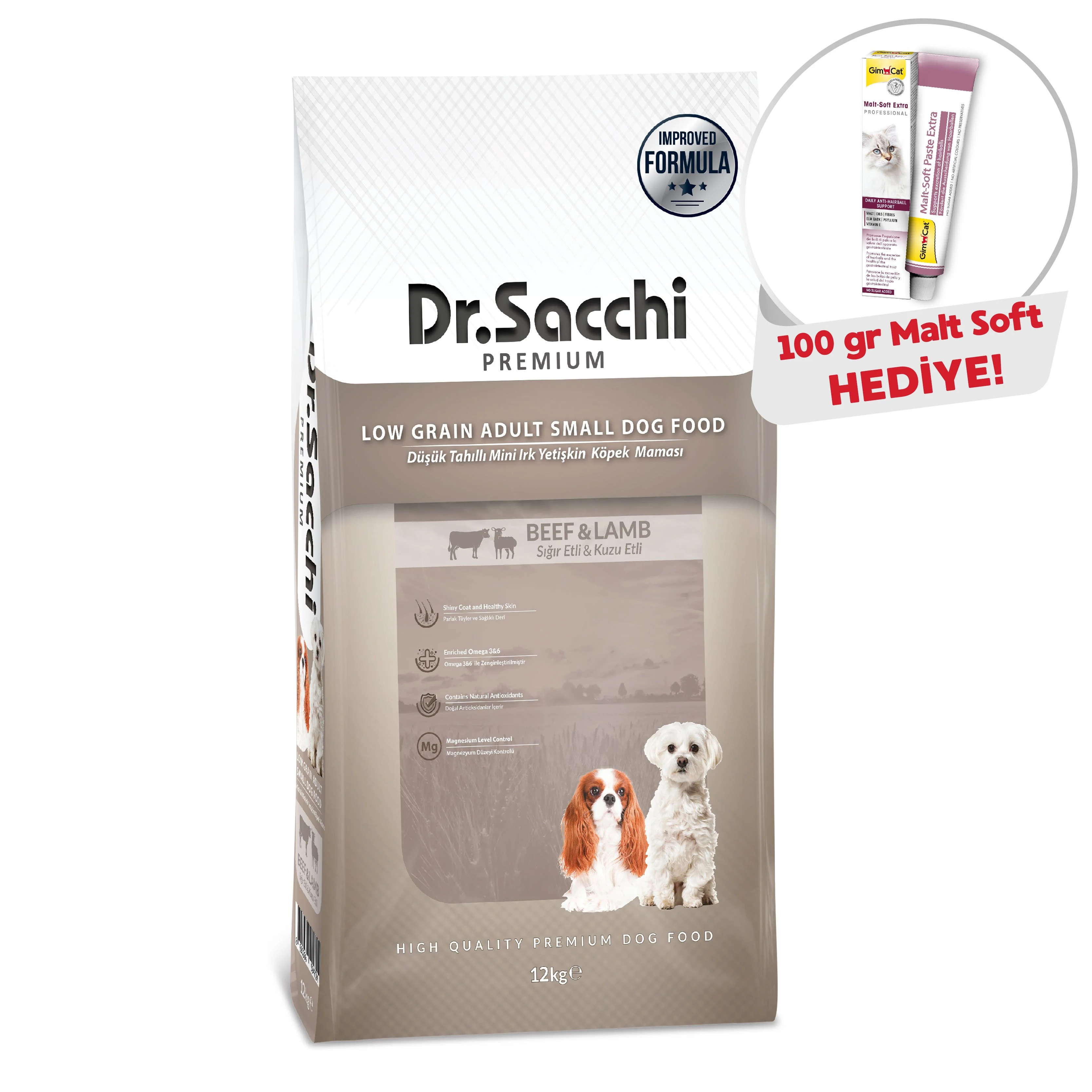 Dr.Sacchi  Düşük Tahıllı Sığır Etli ve Kuzu Etli Mini Irk Yetişkin Köpek Maması 12Kg + Gimcat Malt Soft 100 Gr Hediye!