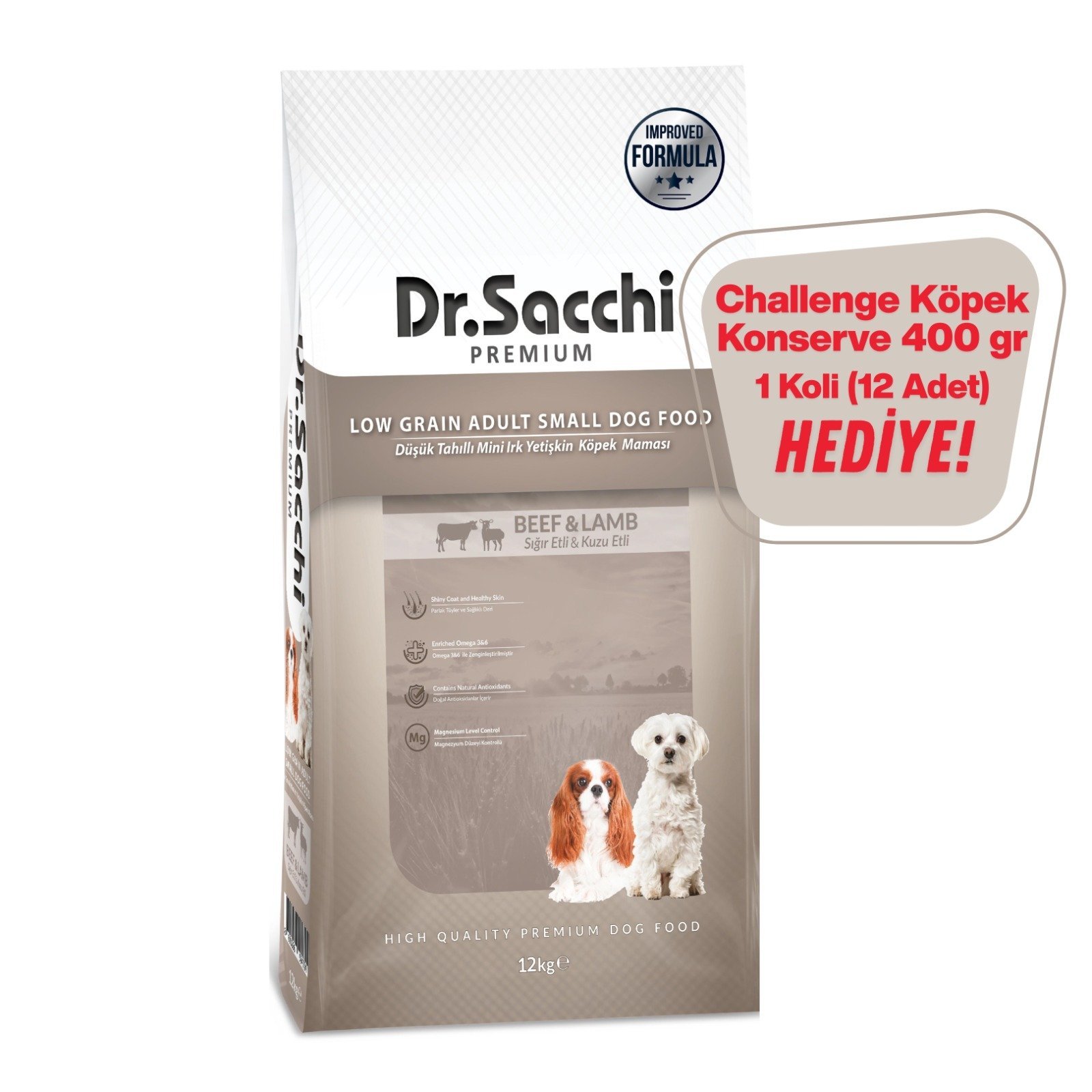 Dr.Sacchi  Düşük Tahıllı Sığır Etli ve Kuzu Etli Mini Irk Yetişkin Köpek Maması 12Kg+ Challenge Köpek Konserve Hediye (12 Adet)