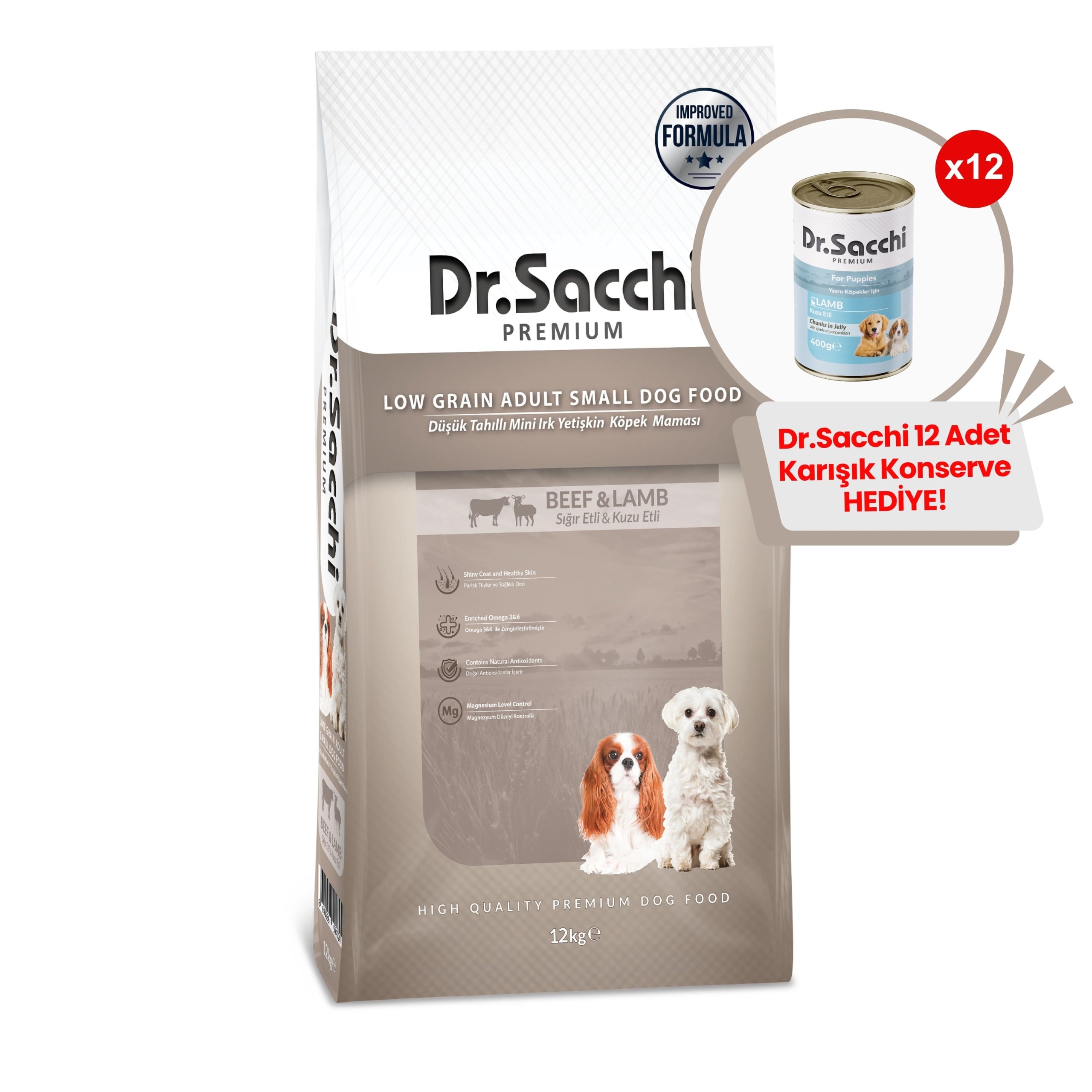 Dr.Sacchi  Düşük Tahıllı Sığır Etli ve Kuzu Etli Mini Irk Yetişkin Köpek Maması 12Kg + 12 Adet Dr.sacchi 400gr Karışık Konserve Hediye!