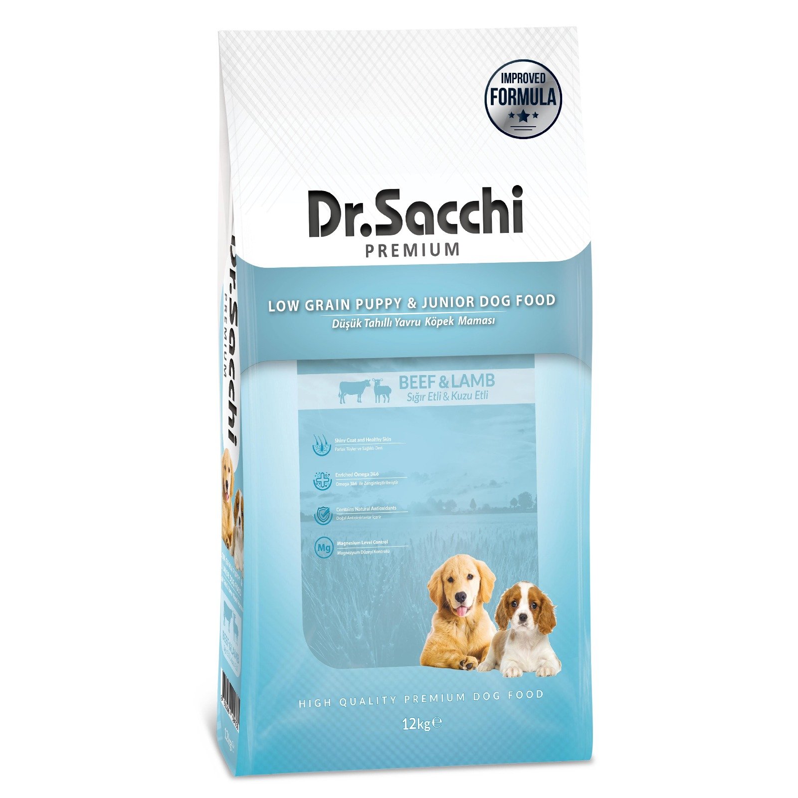 Dr.Sacchi Düşük Tahıllı Sığır Etli ve Kuzu Etli Yavru Köpek Maması 12Kg