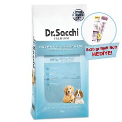 Dr.Sacchi Düşük Tahıllı Sığır Etli ve Kuzu Etli Yavru Köpek Maması 12Kg + Gimcat Malt Soft Extra 20 gr (5 adet) Hediyeli!