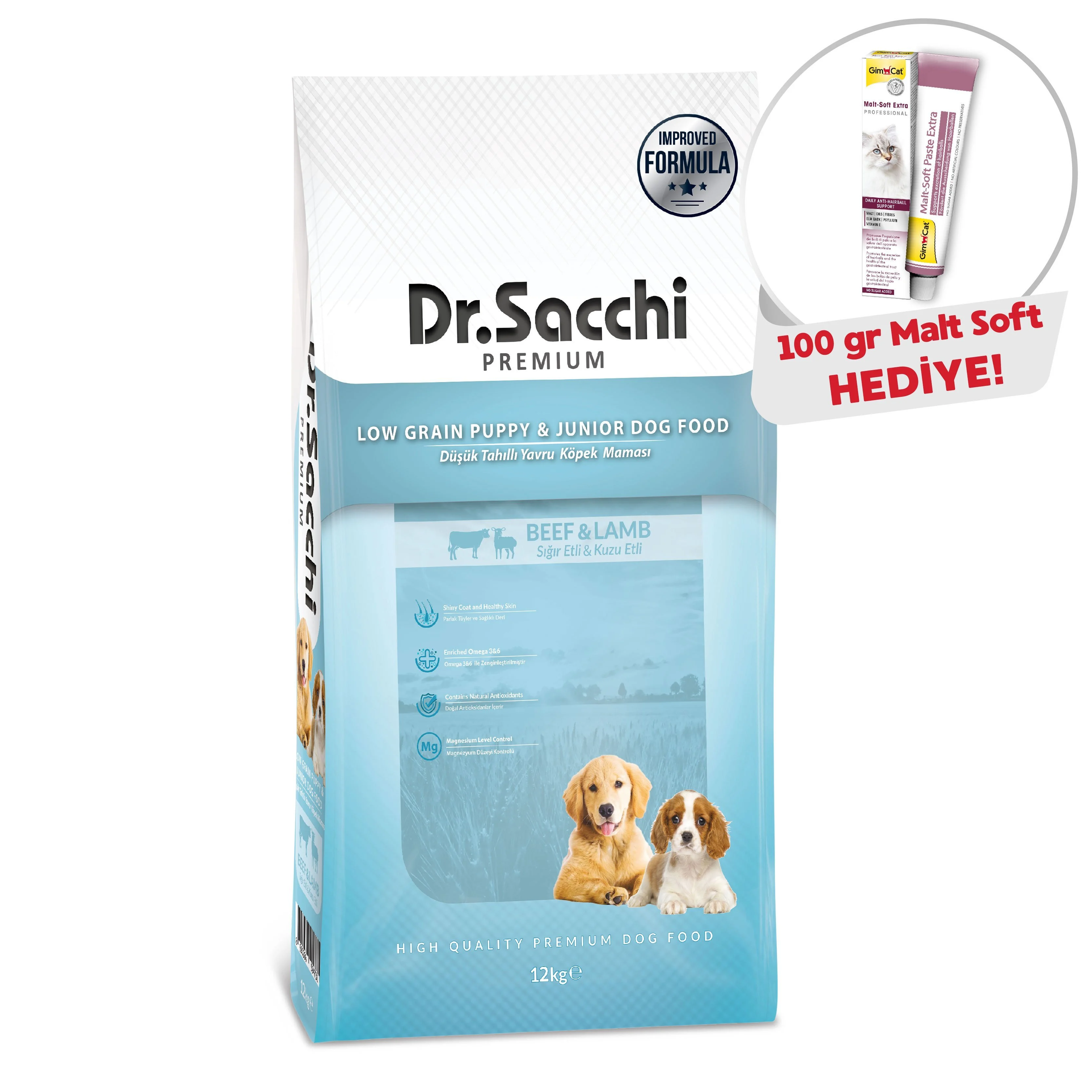Dr.Sacchi Düşük Tahıllı Sığır Etli ve Kuzu Etli Yavru Köpek Maması 12Kg+ Gimcat Malt Soft 100 Gr Hediyeli!
