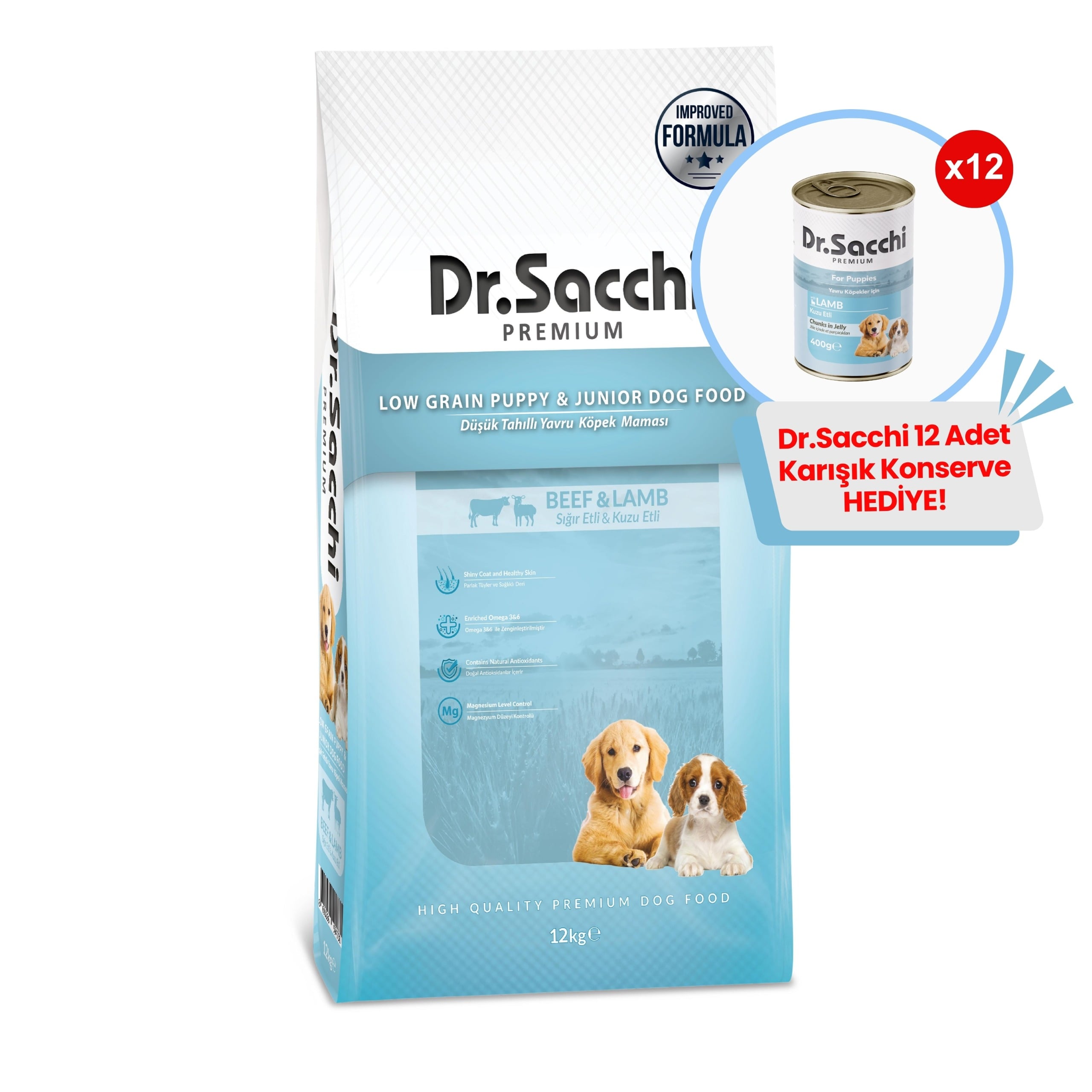 Dr.Sacchi Düşük Tahıllı Sığır Etli ve Kuzu Etli Yavru Köpek Maması 12Kg + 12 Adet Dr.sacchi 400gr Karışık Konserve Hediye!
