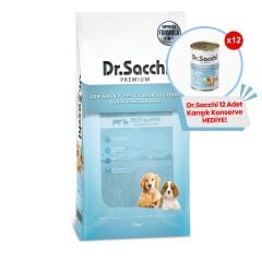 Dr.Sacchi Düşük Tahıllı Sığır Etli ve Kuzu Etli Yavru Köpek Maması 12Kg + 12 Adet Dr.sacchi 400gr Karışık Konserve Hediye!
