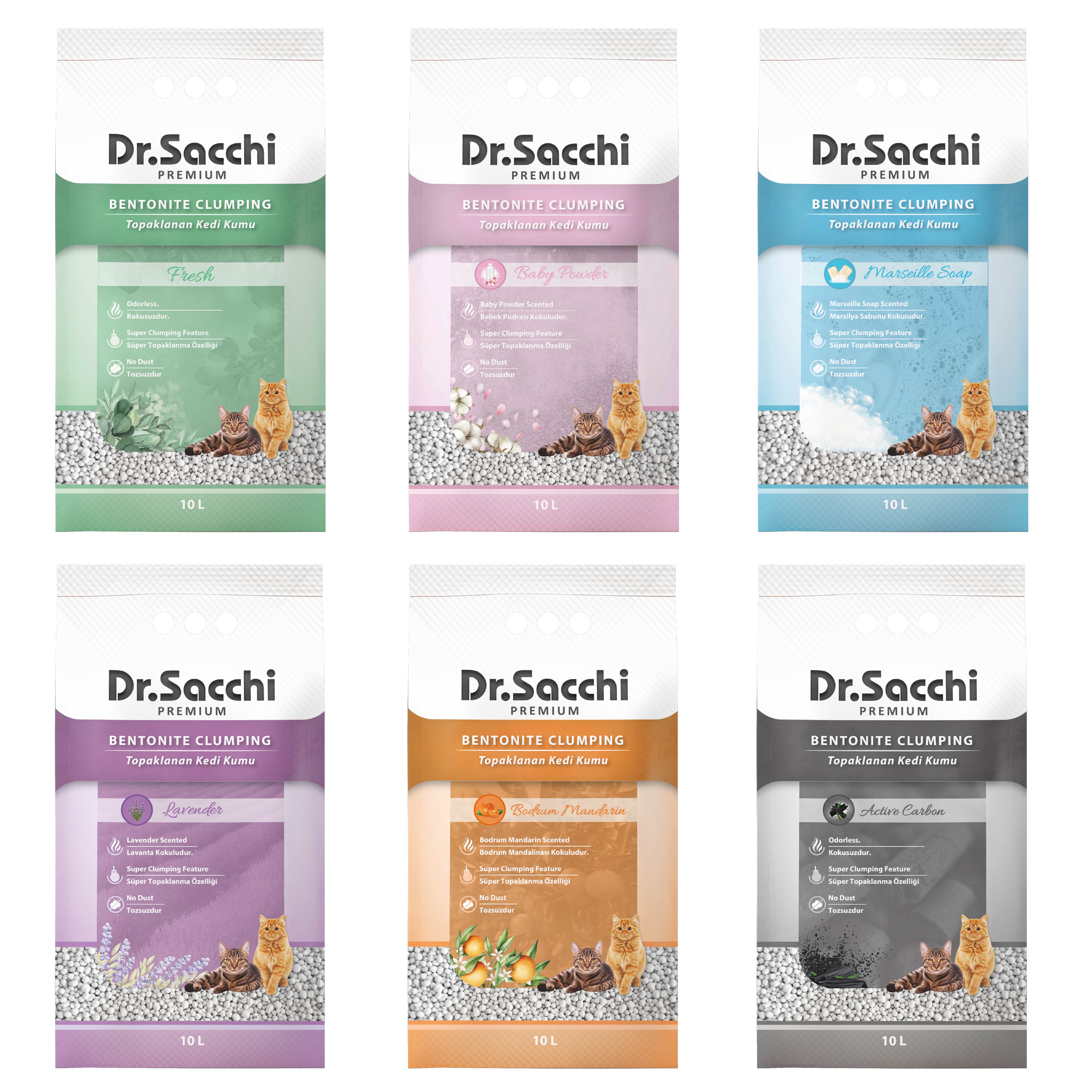 Dr.Sacchi Mix Bentonit Kedi Kumu 10 Lt   (Fresh, Bebek Pudrası, Marsilya Sabunu, Lavanta, Bodrum Mandalinası, Aktif Karbonlu Kokulu)