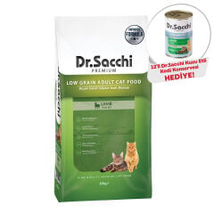Dr.Sacchi Düşük Tahıllı Kuzu Etli Yetişkin Kedi Maması 10Kg + Dr.Sacchi Konserve Kedi Kuzu Etli (12’li x400gr) Hediye!