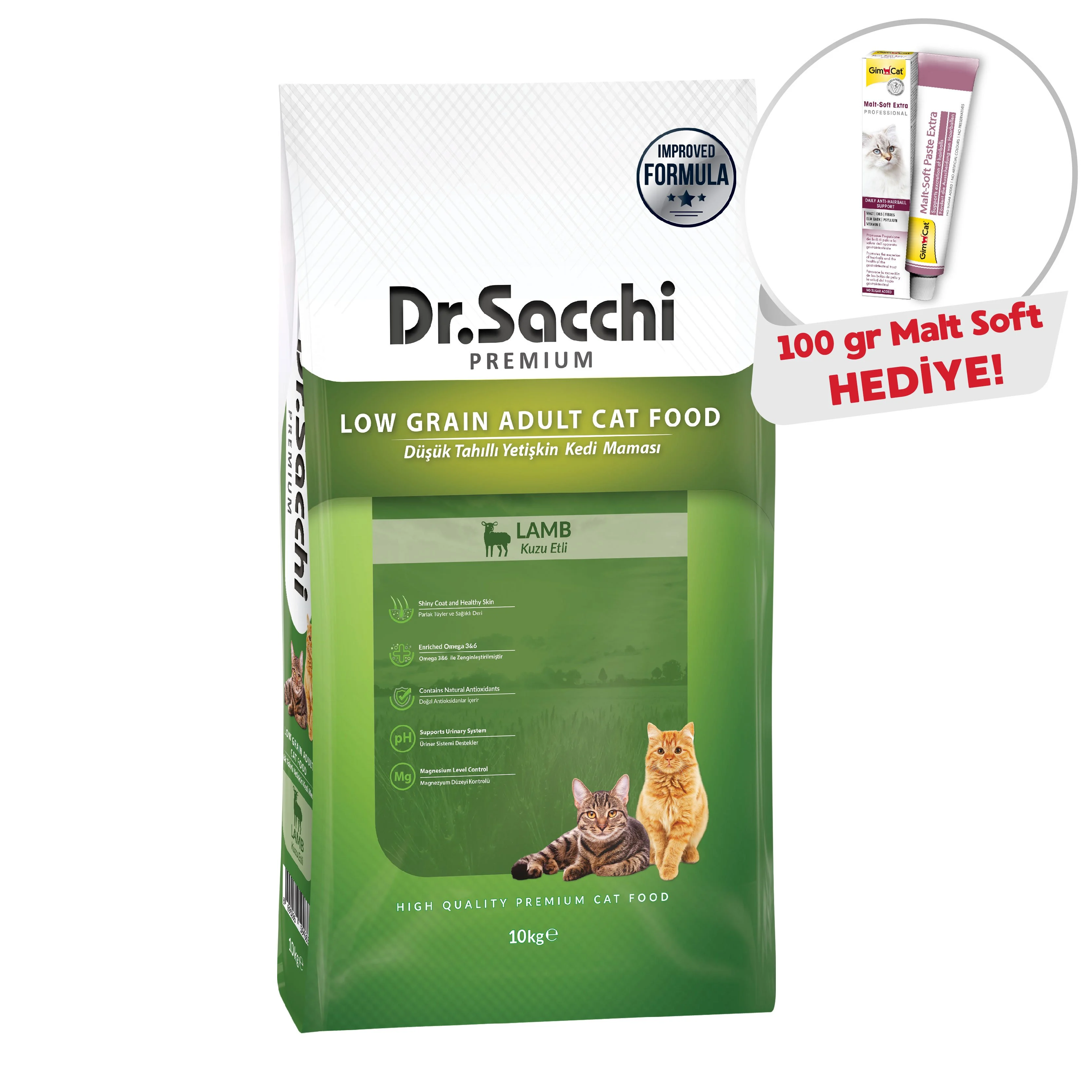 Dr.Sacchi Düşük Tahıllı Kuzu Etli Yetişkin Kedi Maması 10Kg+ Gimcat Malt Soft 100 Gr Hediyeli!