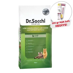 Dr.Sacchi Düşük Tahıllı Kuzu Etli Yetişkin Kedi Maması 10Kg+ Gimcat Malt Soft 100 Gr Hediyeli!