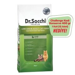Dr.Sacchi Düşük Tahıllı Kuzu Etli Yetişkin Kedi Maması 10Kg+ Challenge Kedi Konserve Hediye (12 Adet)