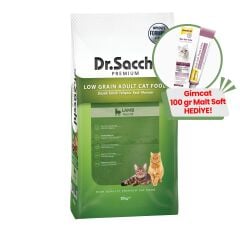 Dr.Sacchi Düşük Tahıllı Kuzu Etli Yetişkin Kedi Maması 10Kg + GimCat Malt Soft Extra 100 gr Hediye!