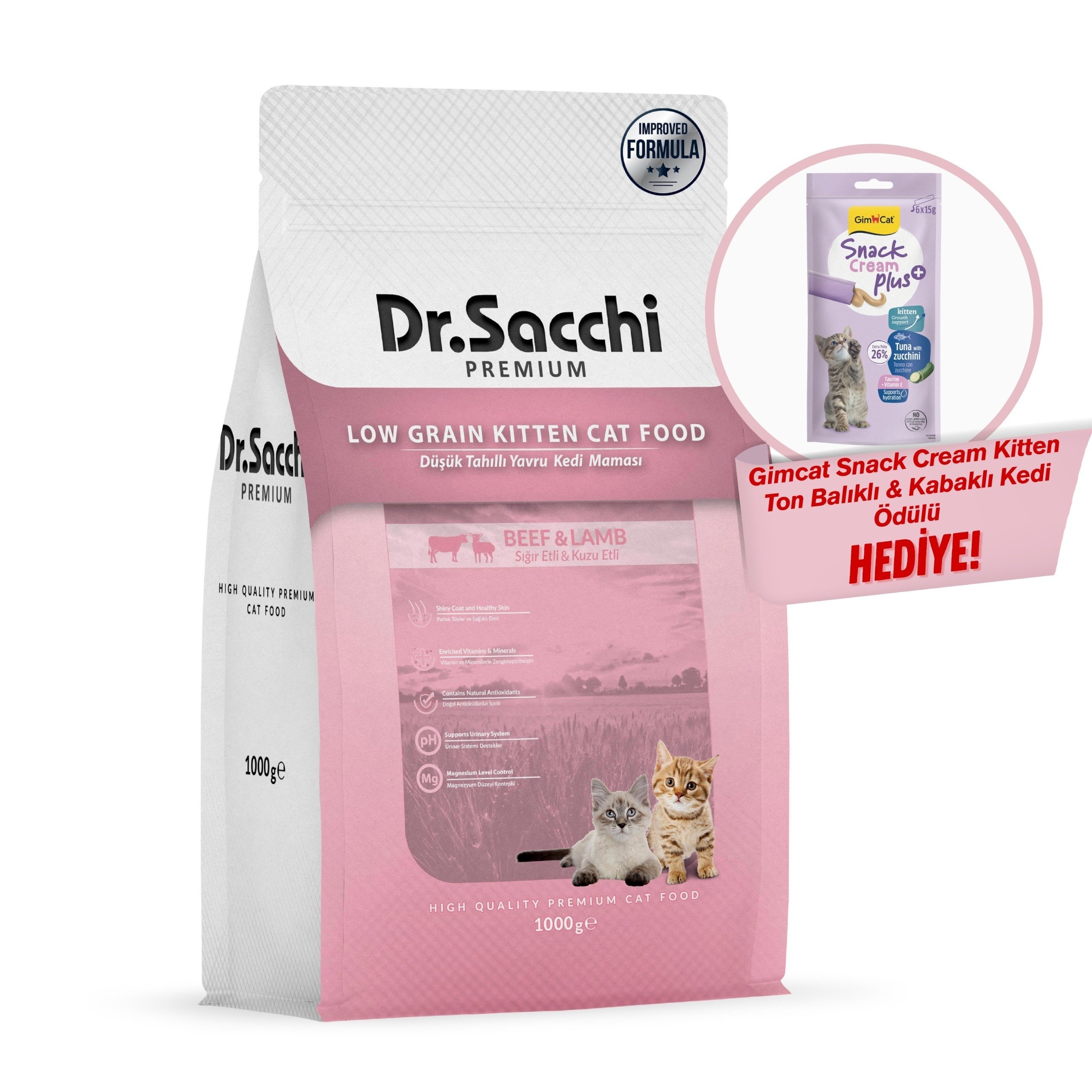 Dr.Sacchi Premium Düşük Tahıllı Sığır Etli Ve Kuzu Etli Yavru Kedi Maması 1 Kg + Gimcat Snack Cream Kitten Ton Balıklı & Kabaklı Kedi Ödülü Hediyeli!