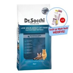 Dr.Sacchi Düşük Tahıllı Somonlu Ve Ton Balıklı Yetişkin  Kedi Maması 10Kg + GimCat Malt Soft Extra 20 gr (5 adet) Hediyeli!
