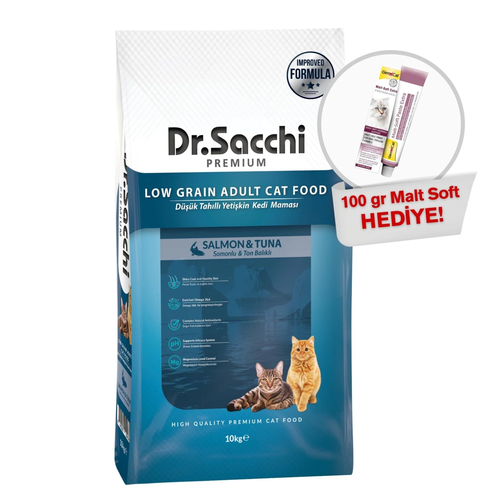 Dr.Sacchi Düşük Tahıllı Somonlu Ve Ton Balıklı Yetişkin  Kedi Maması 10Kg+ Gimcat Malt Soft 100 Gr Hediyeli!