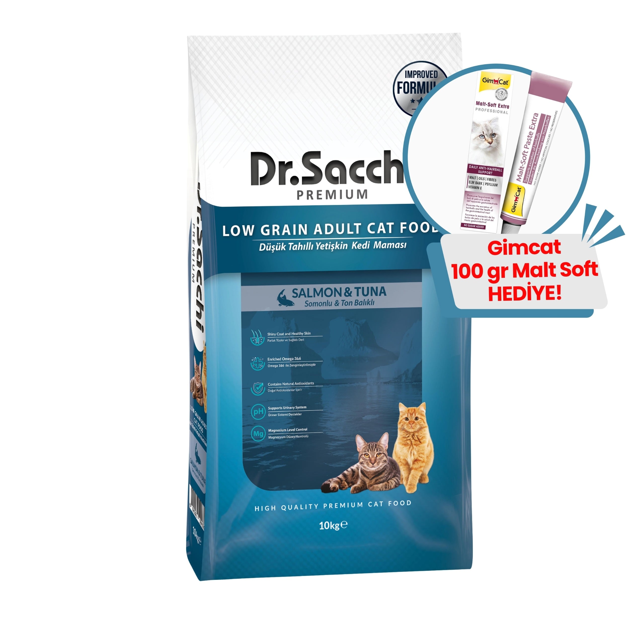 Dr.Sacchi Düşük Tahıllı Somonlu Ve Ton Balıklı Yetişkin  Kedi Maması 10Kg + GimCat Malt Soft Extra 100 gr Hediye!