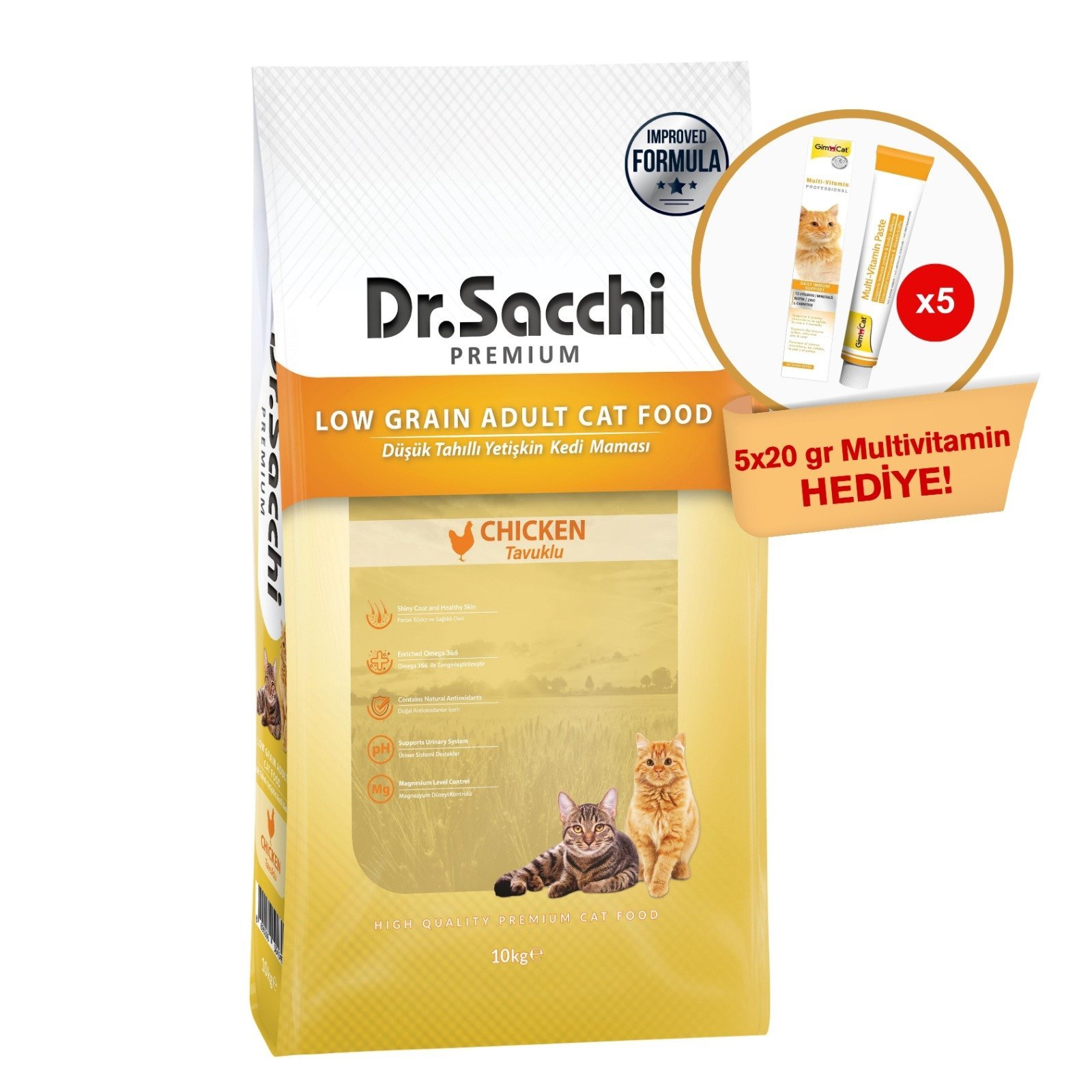 Dr.Sacchi Düşük Tahıllı Tavuklu Yetişkin Kedi Maması 10kg + GimCat Multivitamin 20 gr (5 adet) Hediyeli!