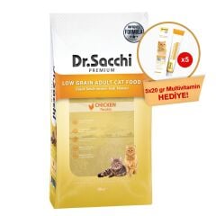 Dr.Sacchi Düşük Tahıllı Tavuklu Yetişkin Kedi Maması 10kg + GimCat Multivitamin 20 gr (5 adet) Hediyeli!