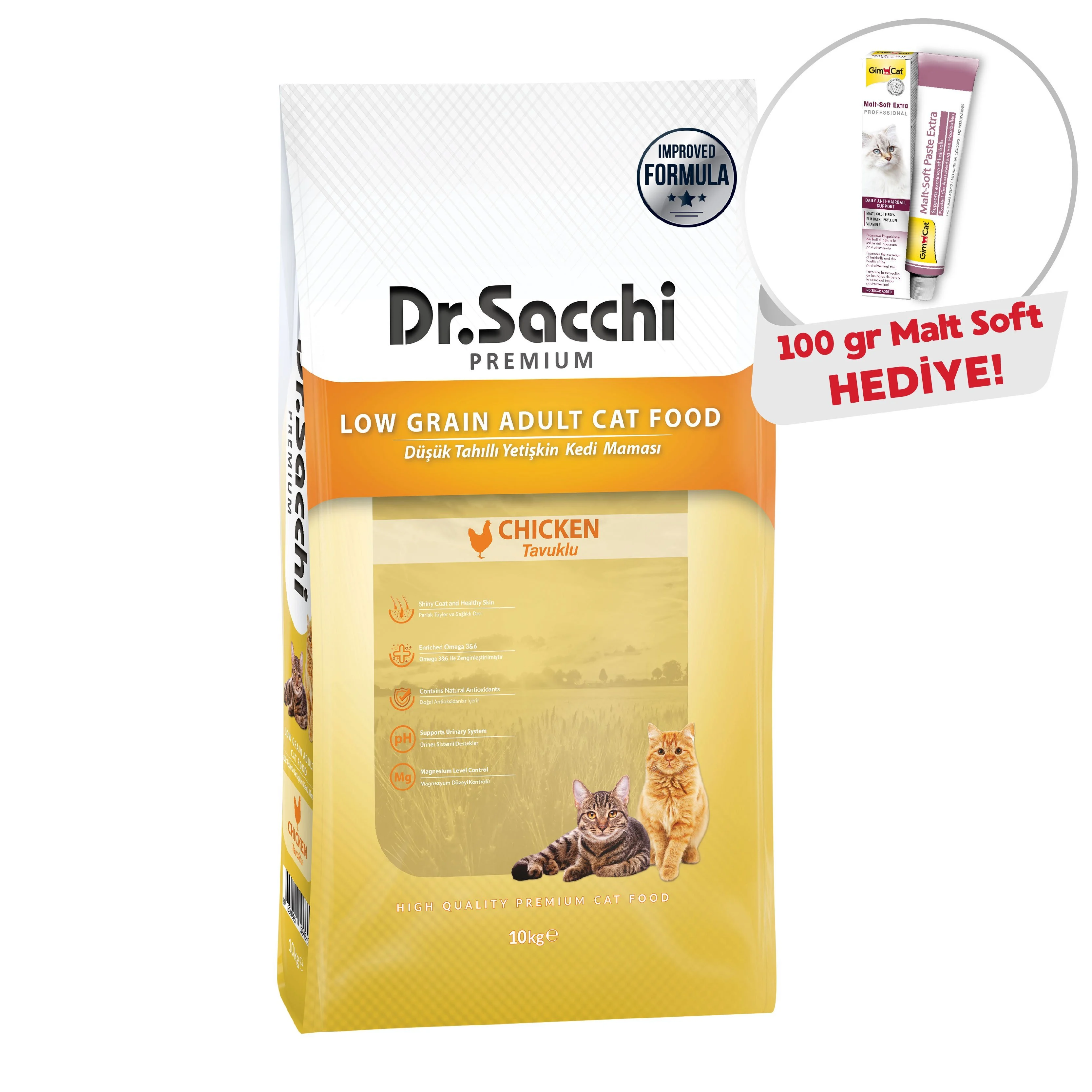 Dr.Sacchi Düşük Tahıllı Tavuklu Yetişkin Kedi Maması 10kg+GimCat Malt Soft Extra 100 gr Hediye!
