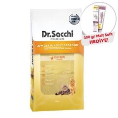 Dr.Sacchi Düşük Tahıllı Tavuklu Yetişkin Kedi Maması 10kg+ GimCat Malt Soft Extra 100 gr Hediye!