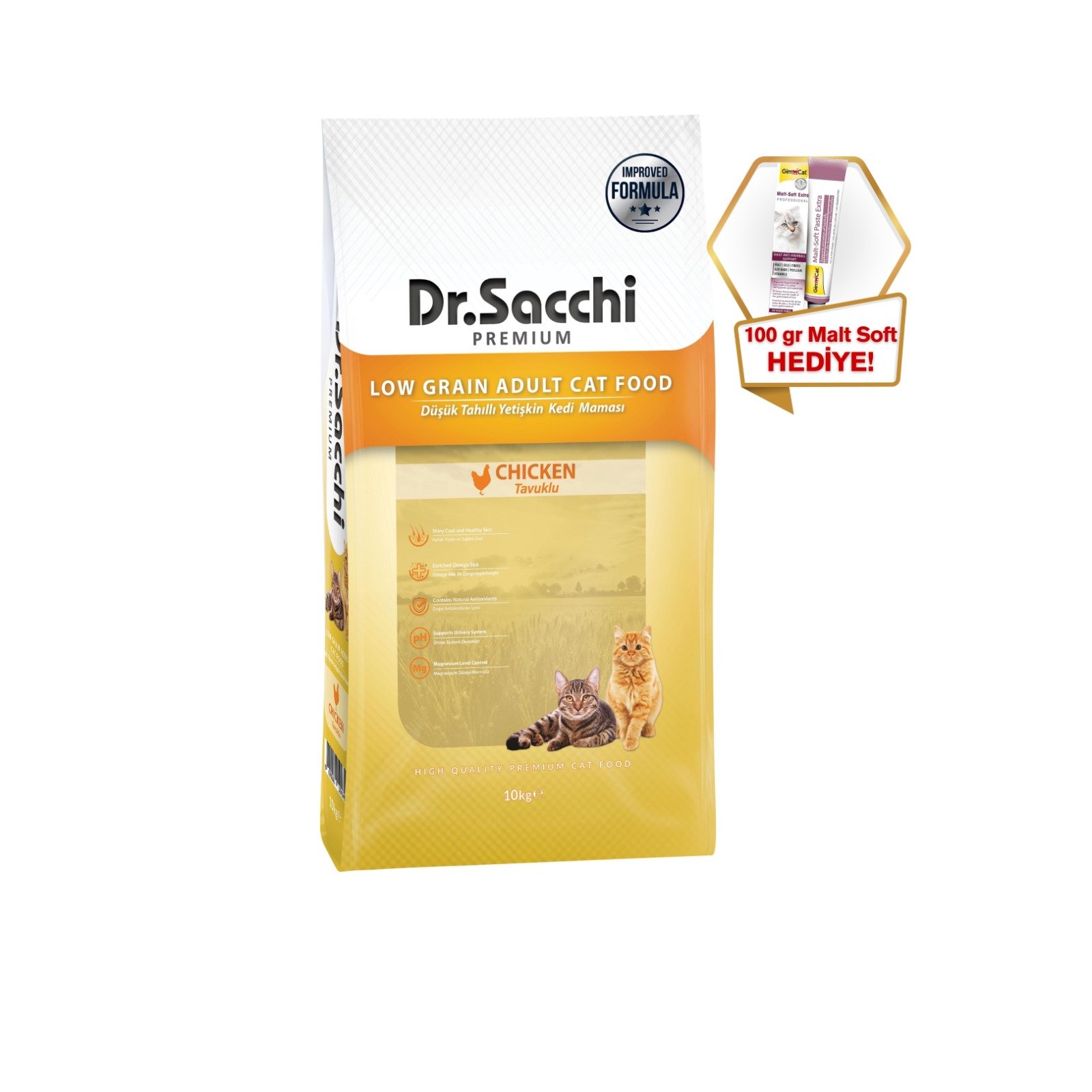 Dr.Sacchi Düşük Tahıllı Tavuklu Yetişkin Kedi Maması 10kg + GimCat Malt Soft Extra 100 gr hediyeli!