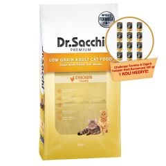 Dr.Sacchi Düşük Tahıllı Tavuklu Yetişkin Kedi Maması 10kg + Challenge Tavuklu Ciğerli Yetişkin Kedi Konservesi 400 gr 12li Hediye!