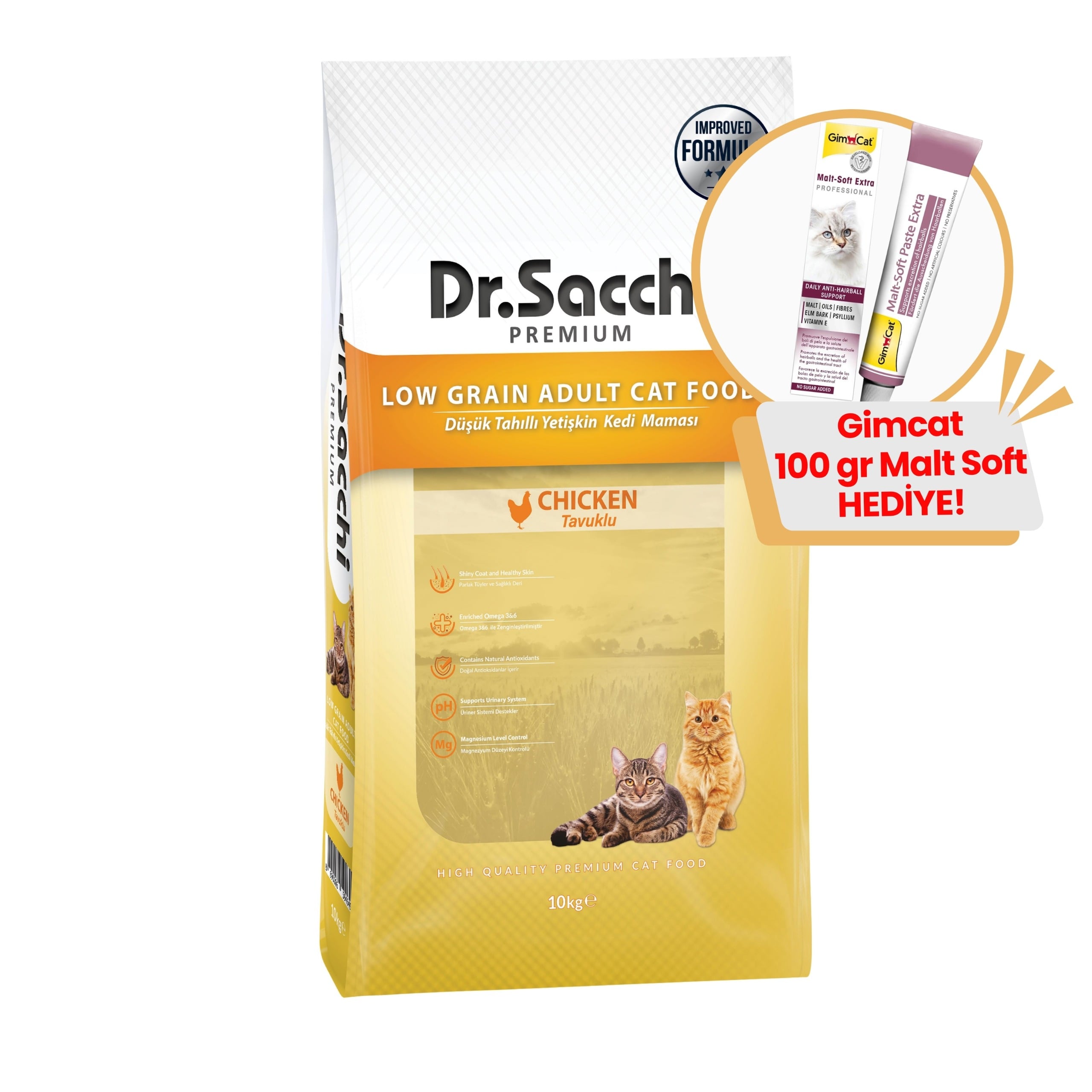 Dr.Sacchi Düşük Tahıllı Tavuklu Yetişkin Kedi Maması 10kg + GimCat Malt Soft Extra 100 gr Hediye!