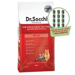 Dr.Sacchi  Düşük Tahıllı Sığır Etli Yetişkin Kedi Maması 10kg + Challenge Kuzu Etli Yetişkin Kedi Konservesi 400 gr 12li Hediyeli!