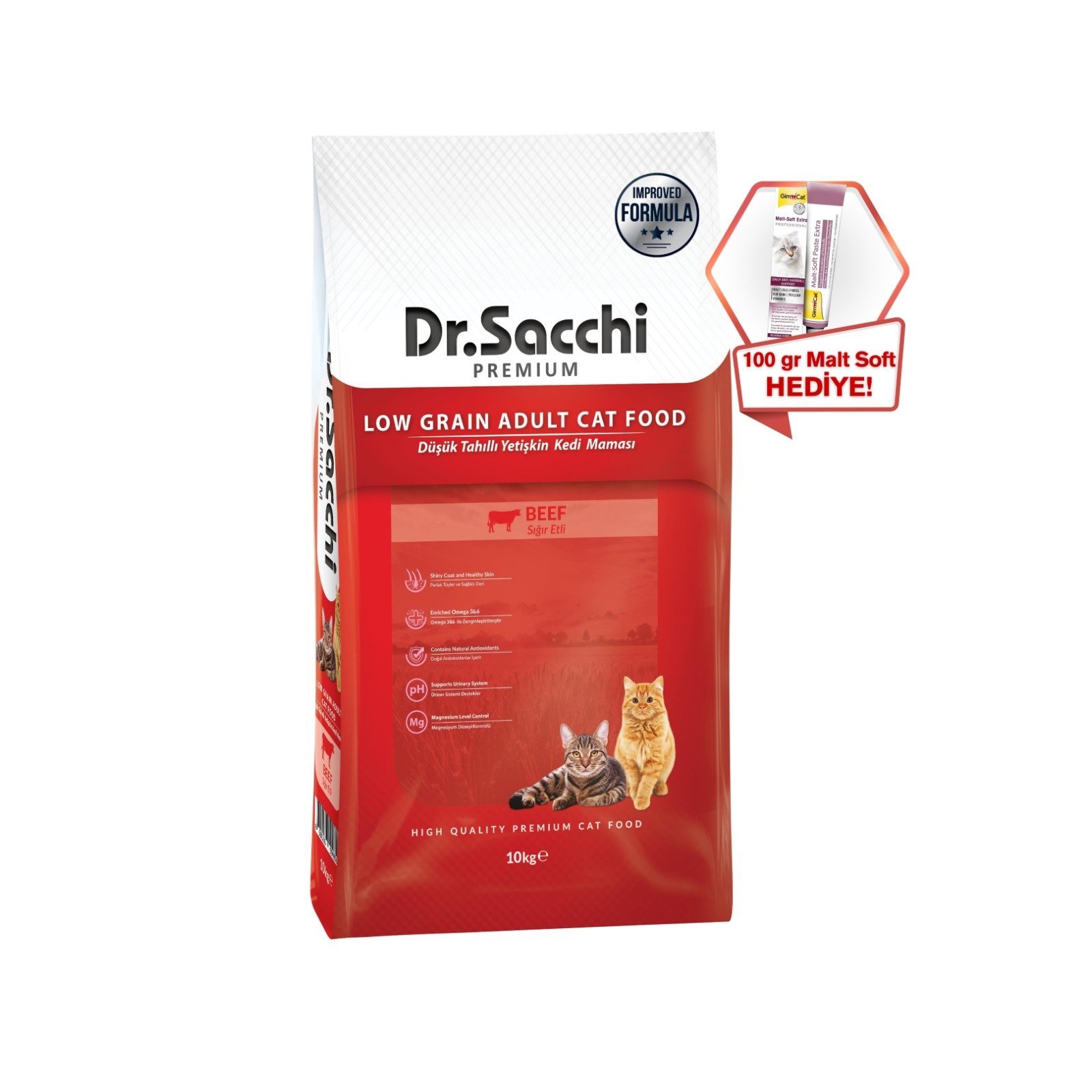 Dr.Sacchi  Düşük Tahıllı Sığır Etli Yetişkin Kedi Maması 10kg + GimCat Malt Soft Extra 100 gr Hediye!