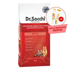 Dr.Sacchi  Düşük Tahıllı Sığır Etli Yetişkin Kedi Maması 10kg +GimCat Multivitamin 20 gr (5 adet) Hediyeli!