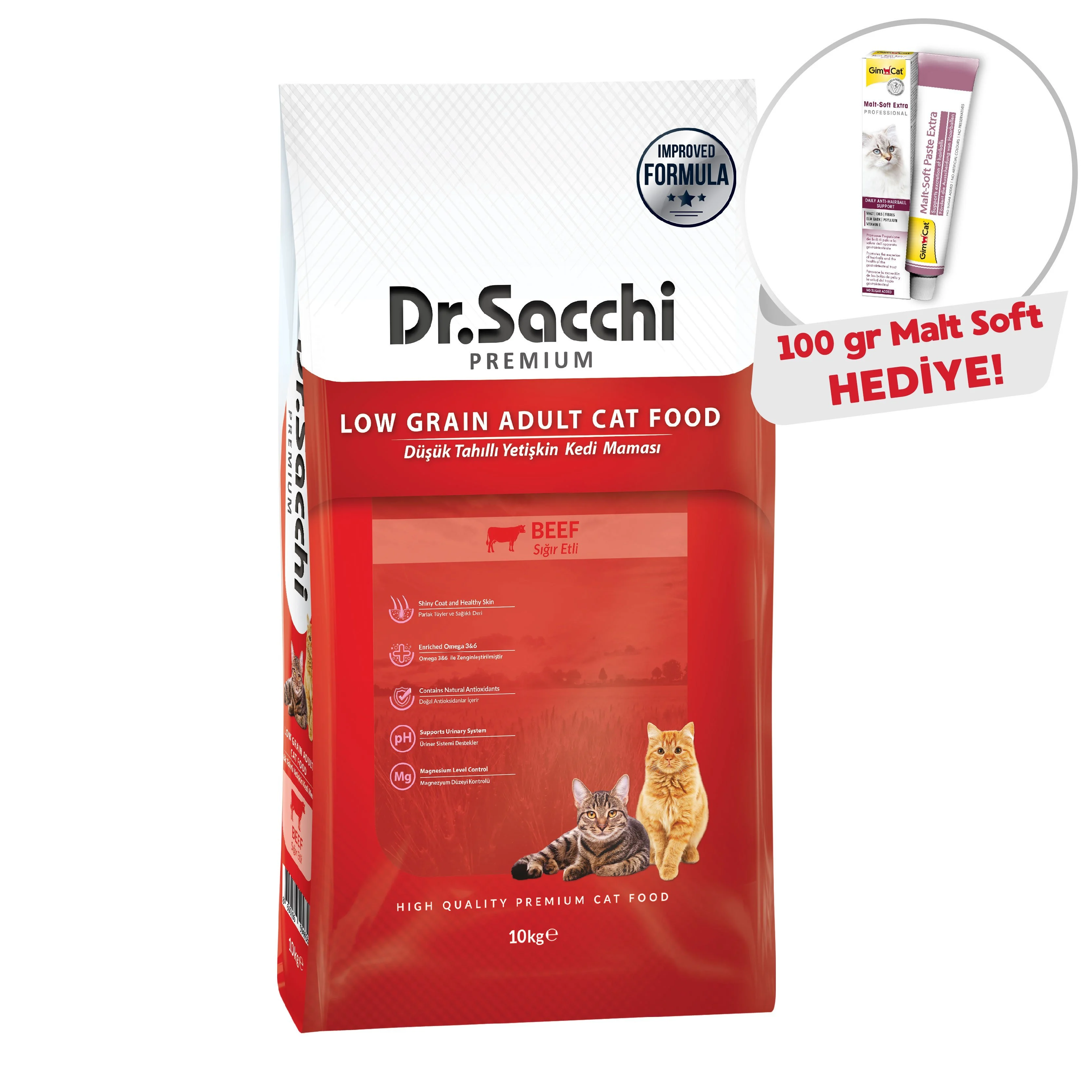 Dr.Sacchi  Düşük Tahıllı Sığır Etli Yetişkin Kedi Maması 10kg+ Gimcat Malt Soft 100 Gr Hediyeli!