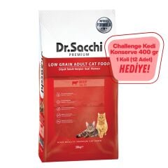 Dr.Sacchi  Düşük Tahıllı Sığır Etli Yetişkin Kedi Maması 10kg+ Challenge Kedi Konserve Hediye (12 Adet)
