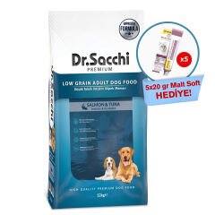 Dr.Sacchi Düşük Tahıllı  Somonlu Ve Ton Balıklı Yetişkin Köpek Maması 12kg + Gimcat Malt Soft Extra 20 gr (5 adet) Hediyeli!