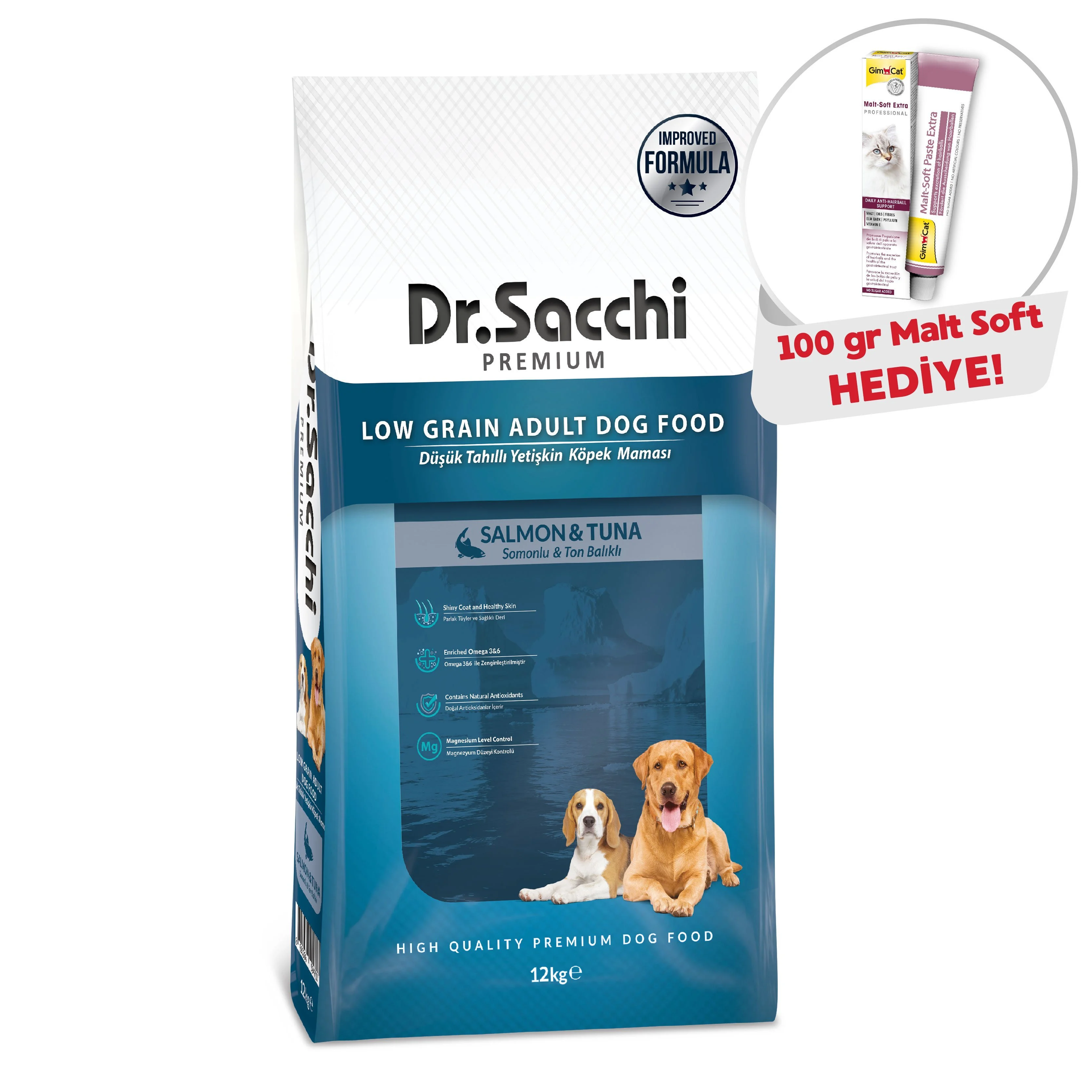 Dr.Sacchi Düşük Tahıllı  Somonlu Ve Ton Balıklı Yetişkin Köpek Maması 12kg   + Gimcat Malt Soft 100 Gr Hediye!
