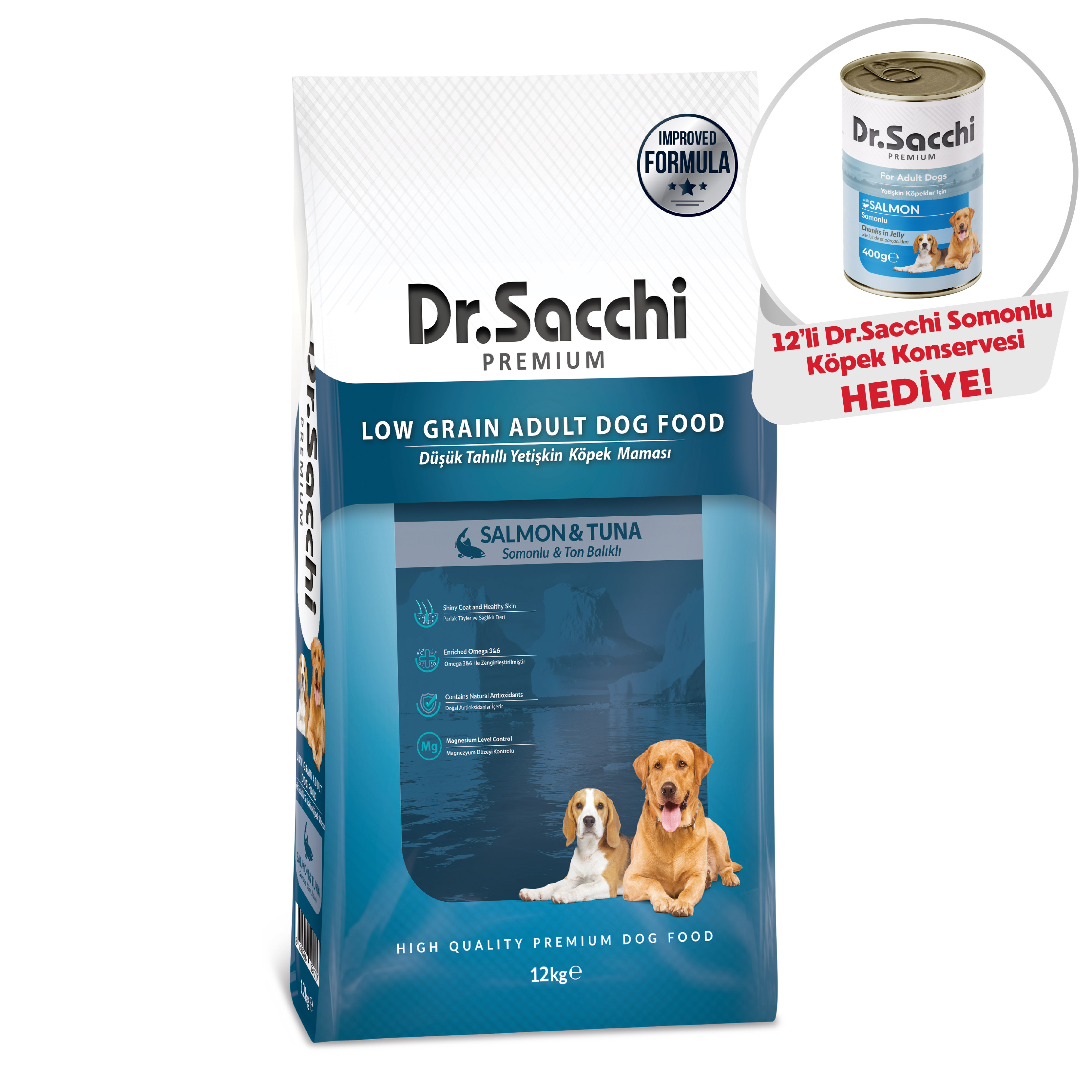 Dr.Sacchi Düşük Tahıllı  Somonlu Ve Ton Balıklı Yetişkin Köpek Maması 12kg + Dr.Sacchi Konserve Köpek Somonlu  (12’li x400gr) Hediye!