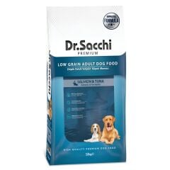 Dr.Sacchi Düşük Tahıllı  Somonlu Ve Ton Balıklı Yetişkin Köpek Maması 12kg + 12 Adet Dr.sacchi 400gr Karışık Konserve Hediye!
