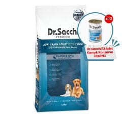 Dr.Sacchi Düşük Tahıllı  Somonlu Ve Ton Balıklı Yetişkin Köpek Maması 12kg + 12 Adet Dr.sacchi 400gr Karışık Konserve Hediye!