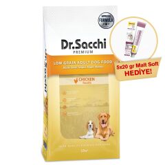 Dr.Sacchi Düşük Tahıllı Tavuklu Yetişkin Köpek Maması 12kg + Gimcat Malt Soft Extra 20 gr (5 adet) Hediyeli!