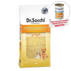 Dr.Sacchi Düşük Tahıllı Tavuklu Yetişkin Köpek Maması 12kg + Dr.Sacchi Konserve Köpek Tavuk Etli (12’li x400gr) Hediye!