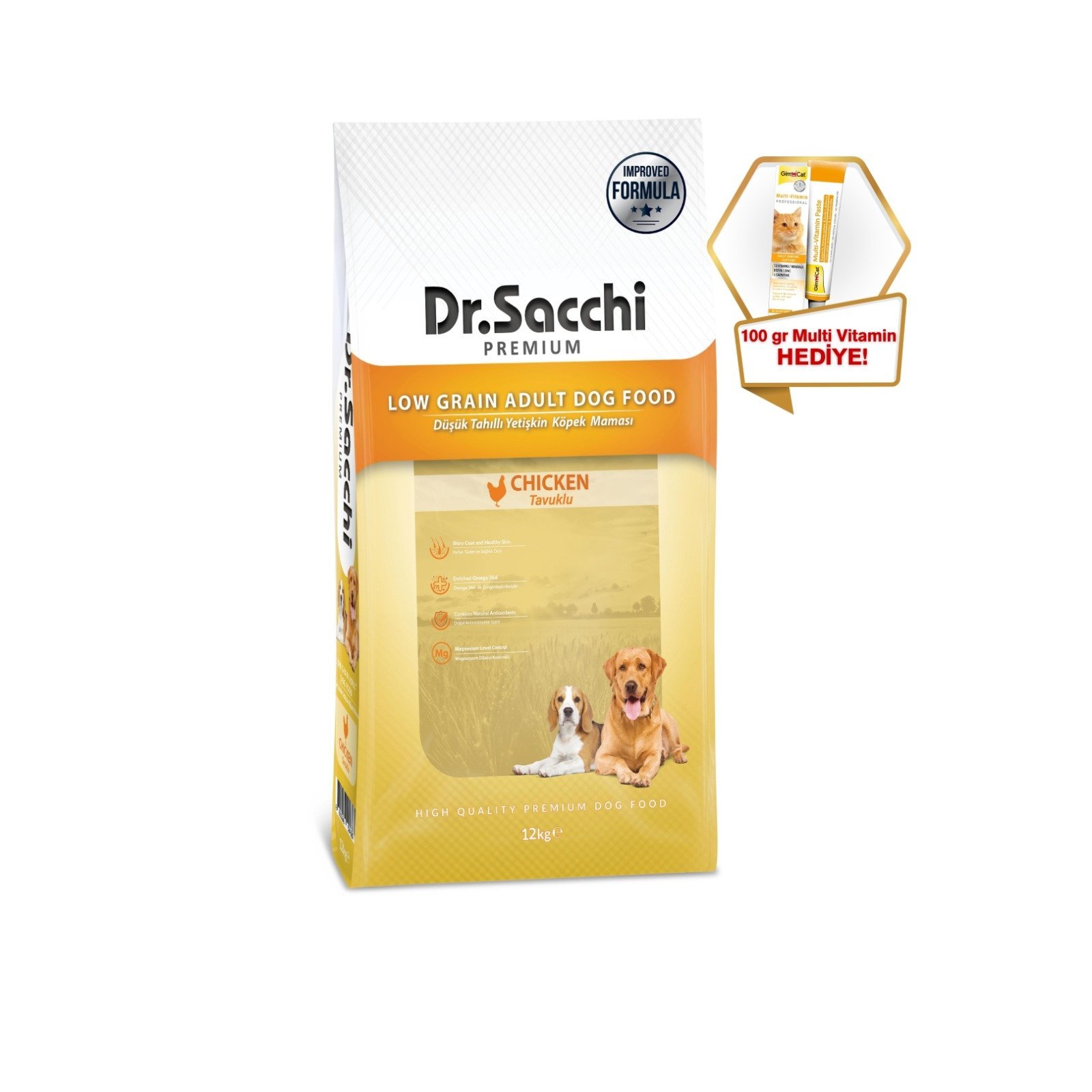 Dr.Sacchi Düşük Tahıllı Tavuklu Yetişkin Köpek Maması 12kg + GimCat Multivitamin 100 gr hediyeli!