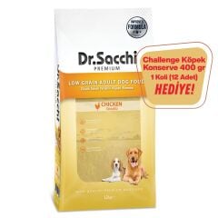 Dr.Sacchi Düşük Tahıllı Tavuklu Yetişkin Köpek Maması 12kg+Challenge Köpek Konserve 400gr 1 Koli (12 Adet) Hediye!