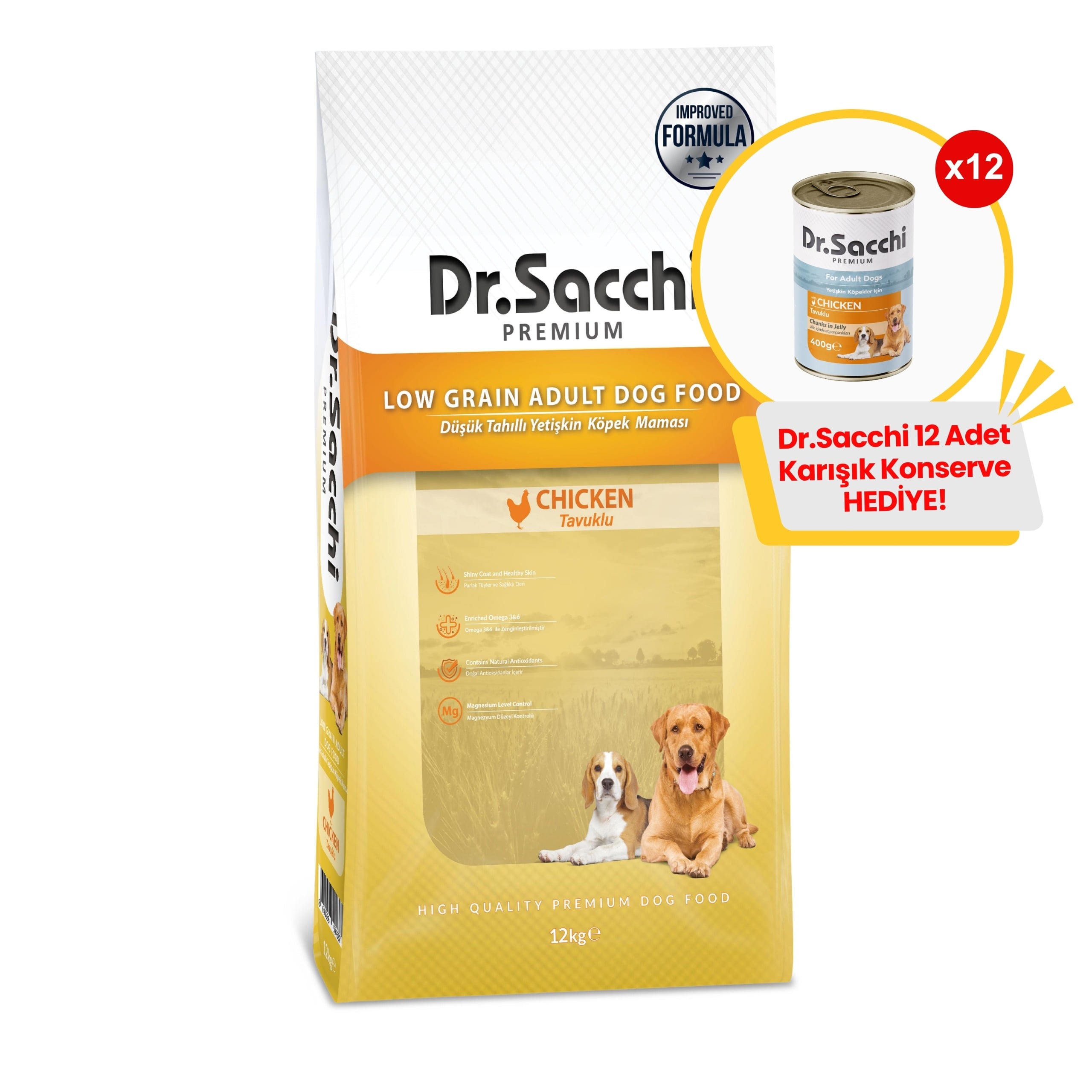 Dr.Sacchi Düşük Tahıllı Tavuklu Yetişkin Köpek Maması 12kg + 12 Adet Dr.sacchi 400gr Karışık Konserve Hediye!