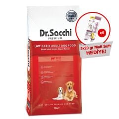 Dr.Sacchi Düşük Tahıllı Sığır Etli Yetişkin Köpek Maması 12kg  + GimCat Malt Soft Extra 20 gr (5 adet) Hediyeli!