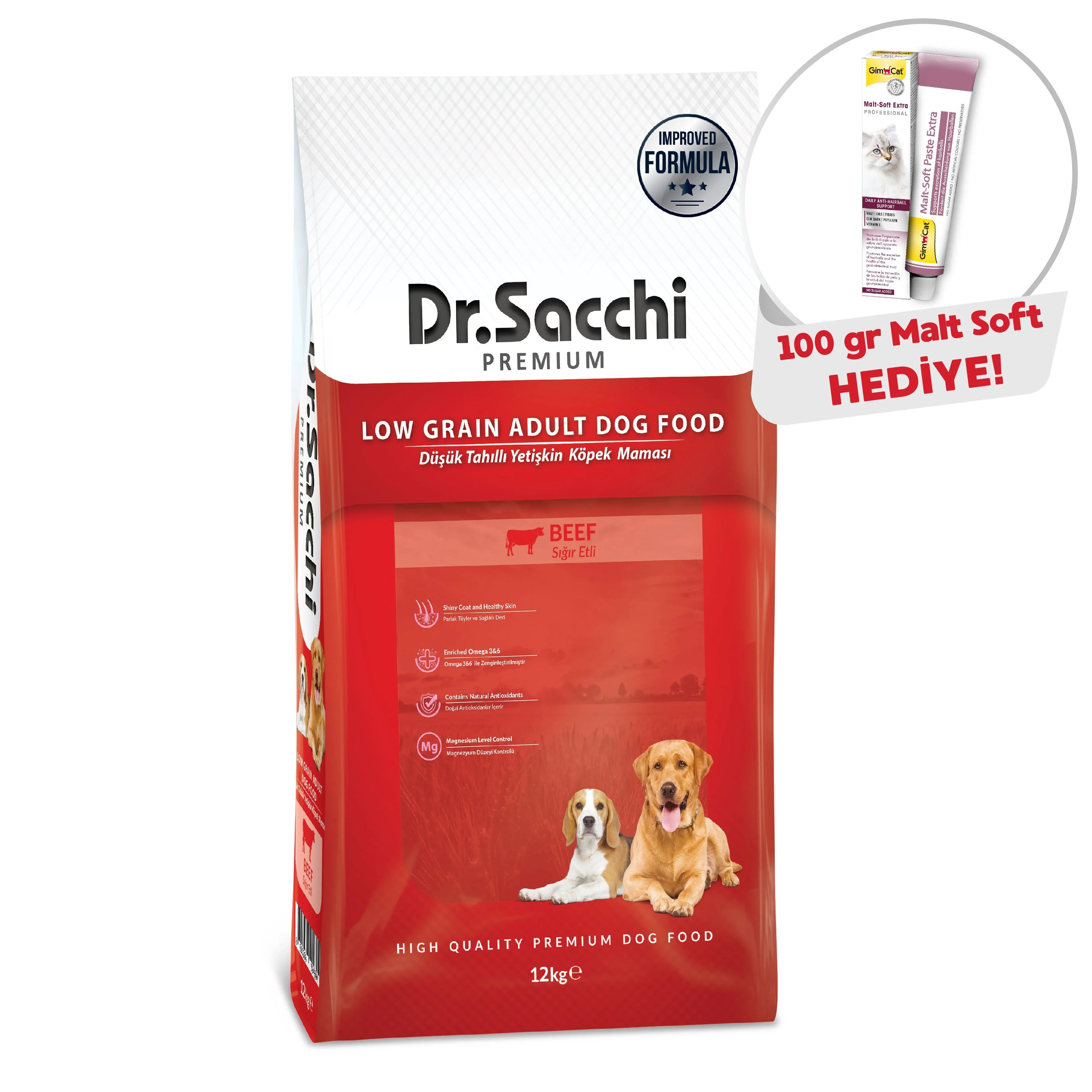 Dr.Sacchi Düşük Tahıllı Sığır Etli Yetişkin Köpek Maması 12kg  + Gimcat Malt Soft 100 Gr Hediye!