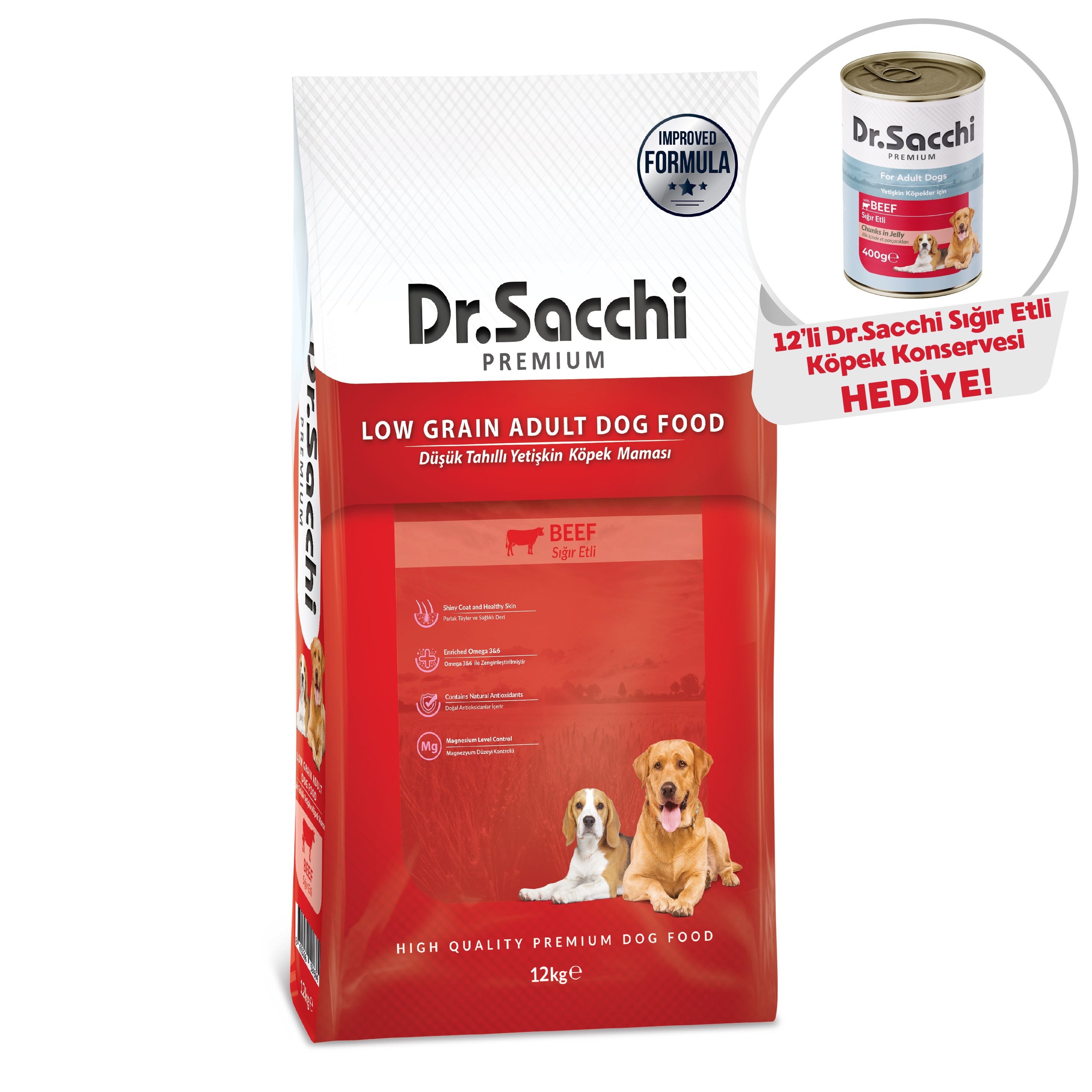 Dr.Sacchi Düşük Tahıllı Sığır Etli Yetişkin Köpek Maması 12kg + Dr.Sacchi Konserve Köpek Sığır Etli (12’li x400gr) Hediye!
