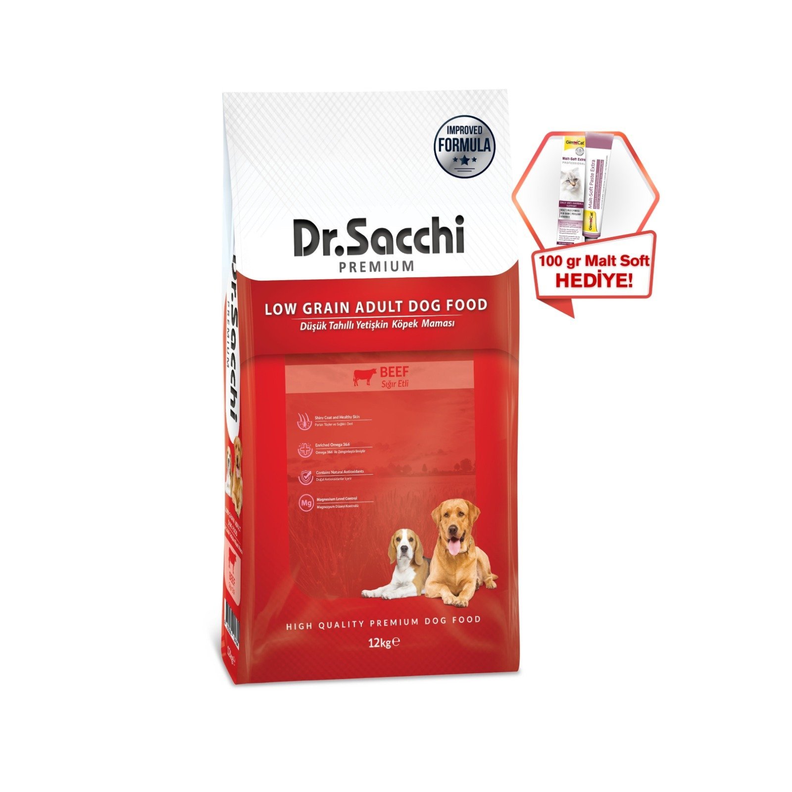 Dr.Sacchi Düşük Tahıllı Sığır Etli Yetişkin Köpek Maması 12kg + GimCat Malt Soft Extra 100 gr Hediye!